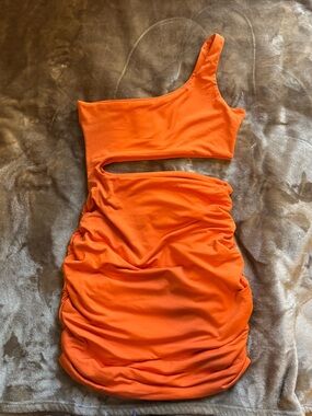 One-Shoulder Cutout Ruched Mini Dress - Orange
